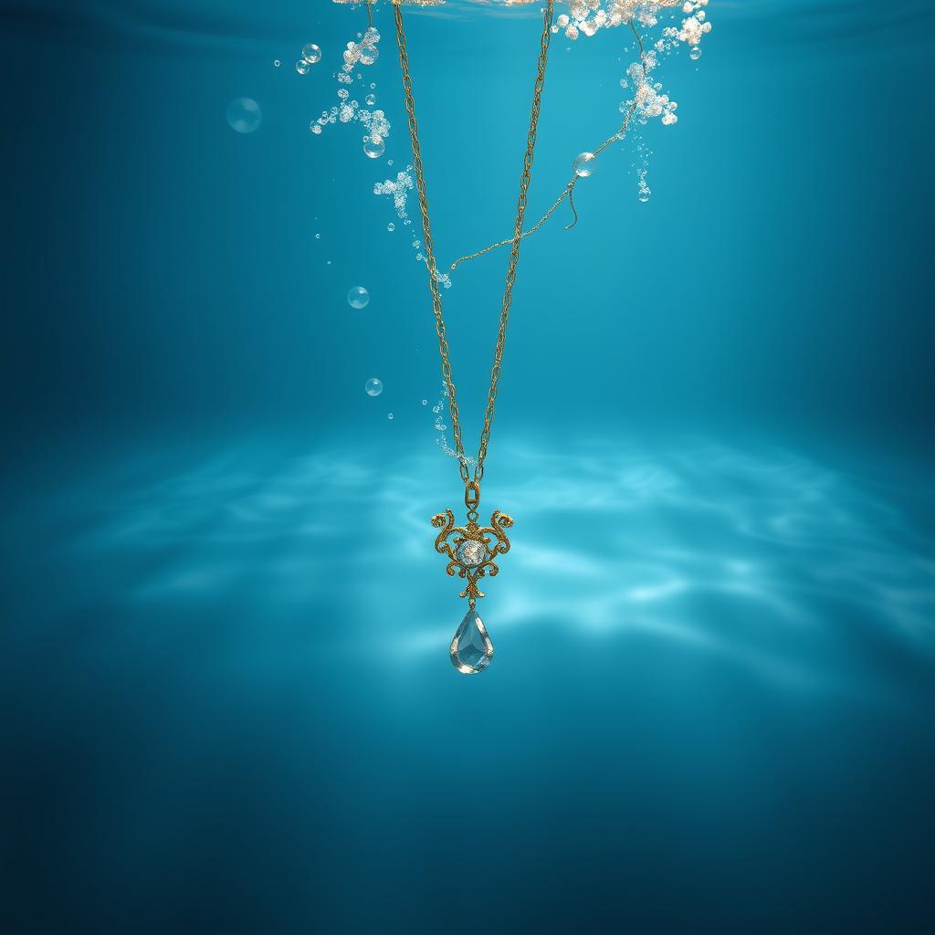 A hauntingly beautiful underwater scene featuring a delicate necklace that appears to be drowning in the depths