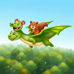 An exhilarating illustration showing Benny the little bear and Sammy the squirrel joyfully riding on Sparky's back, soaring high above a lush forest