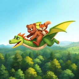 An exhilarating illustration showing Benny the little bear and Sammy the squirrel joyfully riding on Sparky's back, soaring high above a lush forest