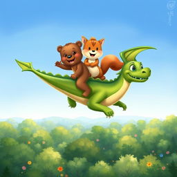 An exhilarating illustration showing Benny the little bear and Sammy the squirrel joyfully riding on Sparky's back, soaring high above a lush forest