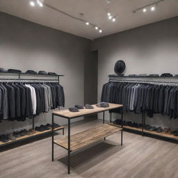 Showcase a diverse line of clothing, including casual wear, formal attire, and streetwear. Display a mix of styles, colors, and fabrics for both men and women in a modern, edgy and elegant storefront.