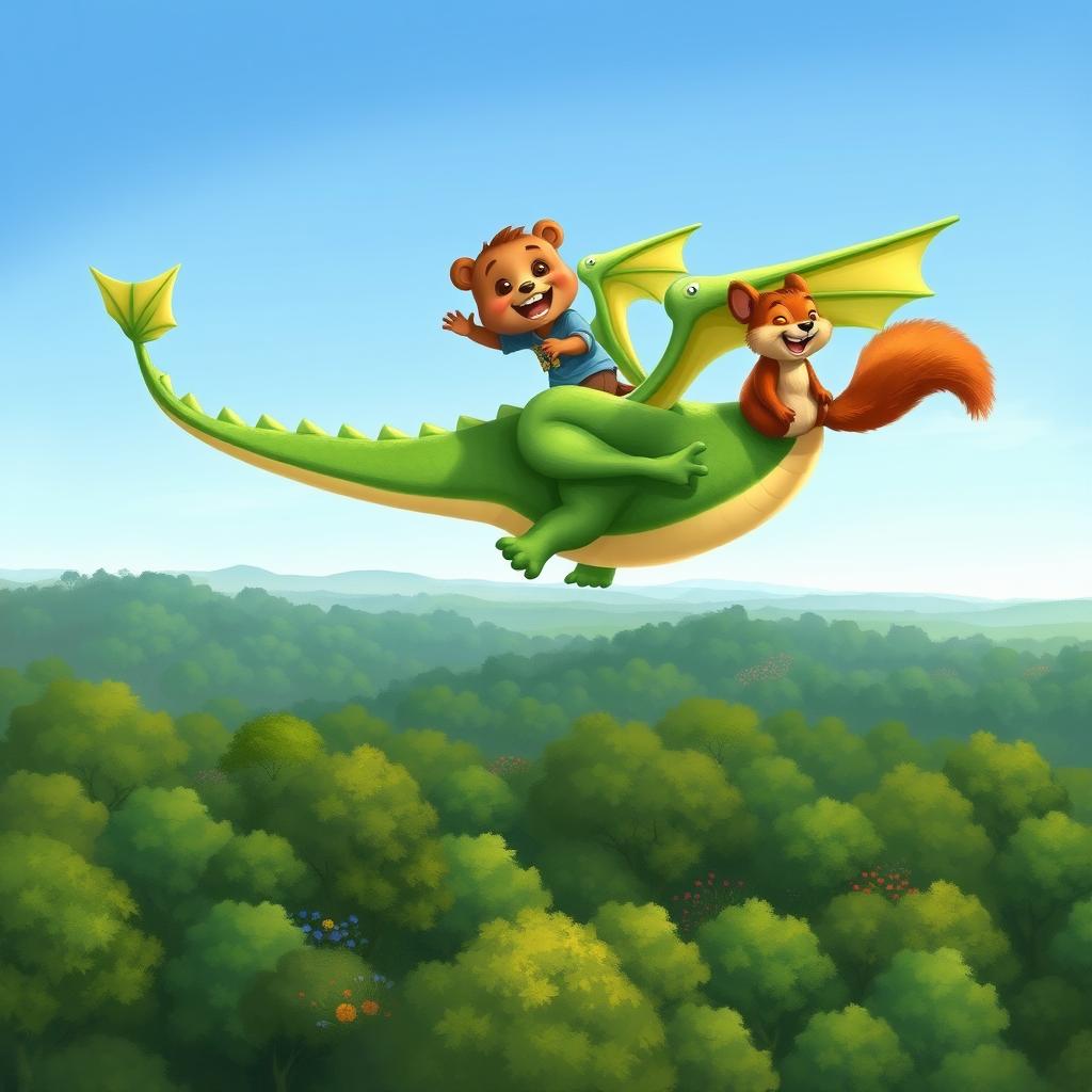 An exhilarating illustration showing Benny the little bear and Sammy the squirrel joyfully riding on Sparky's back, soaring high above a lush forest