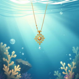 A beautifully illustrated underwater scene featuring a delicate necklace sinking into the ocean depths