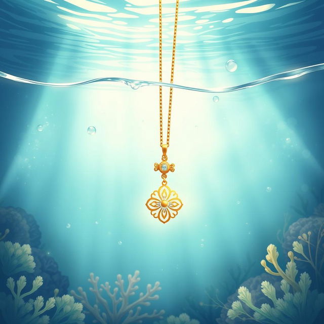 A beautifully illustrated underwater scene featuring a delicate necklace sinking into the ocean depths