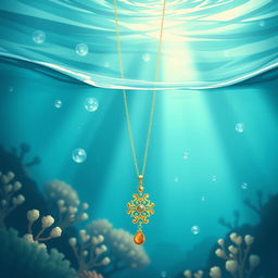 A beautifully illustrated underwater scene featuring a delicate necklace sinking into the ocean depths