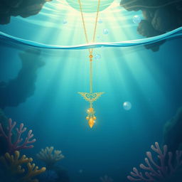 A beautifully illustrated underwater scene featuring a delicate necklace sinking into the ocean depths