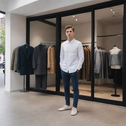 Showcase a diverse line of clothing, including casual wear, formal attire, and streetwear. Display a mix of styles, colors, and fabrics for both men and women in a modern, edgy and elegant storefront.