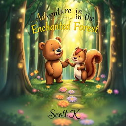 A captivating book cover design for an enchanting children's story, featuring the title 'Adventures in the Enchanted Forest' at the top in playful, whimsical lettering