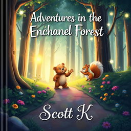 A captivating book cover design for an enchanting children's story, featuring the title 'Adventures in the Enchanted Forest' at the top in playful, whimsical lettering