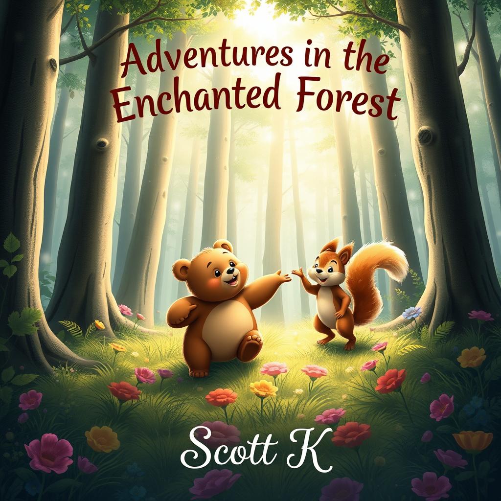 A captivating book cover design for an enchanting children's story, featuring the title 'Adventures in the Enchanted Forest' at the top in playful, whimsical lettering