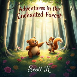 A captivating book cover design for an enchanting children's story, featuring the title 'Adventures in the Enchanted Forest' at the top in playful, whimsical lettering