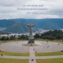 A beautifully decorated text that says 'Nata, el amor que Sergio siente por ti es tan grande que llegó hasta Ecuador', with the monument of Mitad del Mundo in Ecuador as its backdrop.