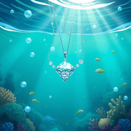 An enchanting illustration depicting an underwater scene with a stunning diamond necklace appearing to drown in the ocean depths