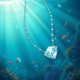 An enchanting illustration depicting an underwater scene with a stunning diamond necklace appearing to drown in the ocean depths