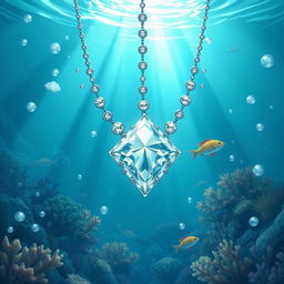 An enchanting illustration depicting an underwater scene with a stunning diamond necklace appearing to drown in the ocean depths