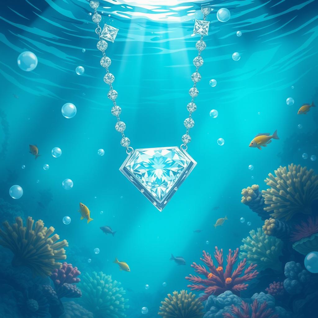 An enchanting illustration depicting an underwater scene with a stunning diamond necklace appearing to drown in the ocean depths