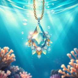 A captivating illustration depicting an underwater scene with a stunning crystal necklace appearing to drown in the ocean