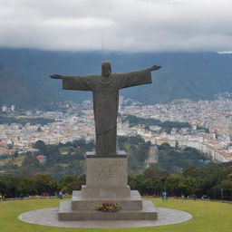 A beautifully decorated text that says 'Nata, el amor que Sergio siente por ti es tan grande que llegó hasta Ecuador', with the monument of Mitad del Mundo in Ecuador as its backdrop.