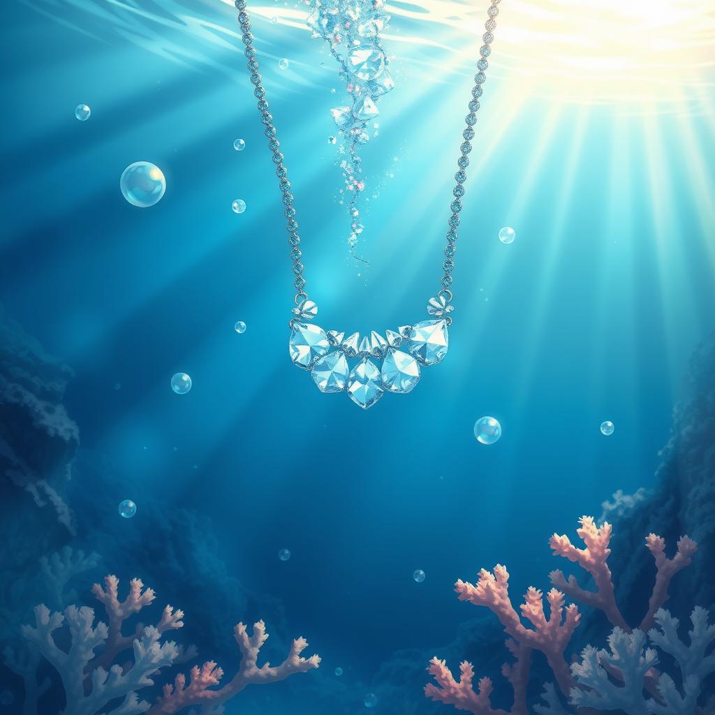 A captivating illustration depicting an underwater scene with a stunning crystal necklace appearing to drown in the ocean