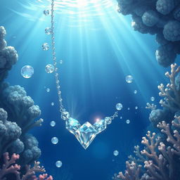 A captivating illustration depicting an underwater scene with a stunning crystal necklace appearing to drown in the ocean