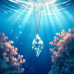 A captivating illustration depicting an underwater scene with a stunning crystal necklace appearing to drown in the ocean