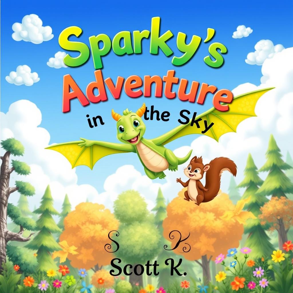 A charming book cover design for an enchanting children's story titled 'Sparky's Adventure in the Sky'