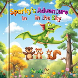 A charming book cover design for an enchanting children's story titled 'Sparky's Adventure in the Sky'