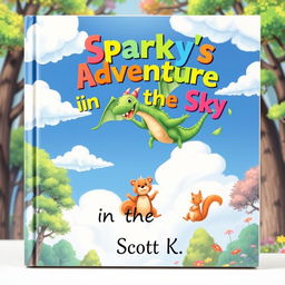 A charming book cover design for an enchanting children's story titled 'Sparky's Adventure in the Sky'