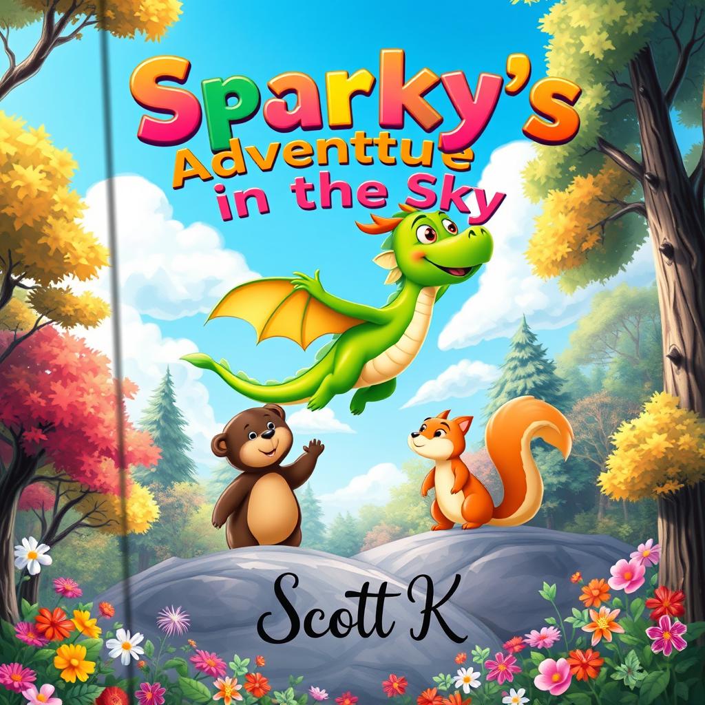 A charming book cover design for an enchanting children's story titled 'Sparky's Adventure in the Sky'