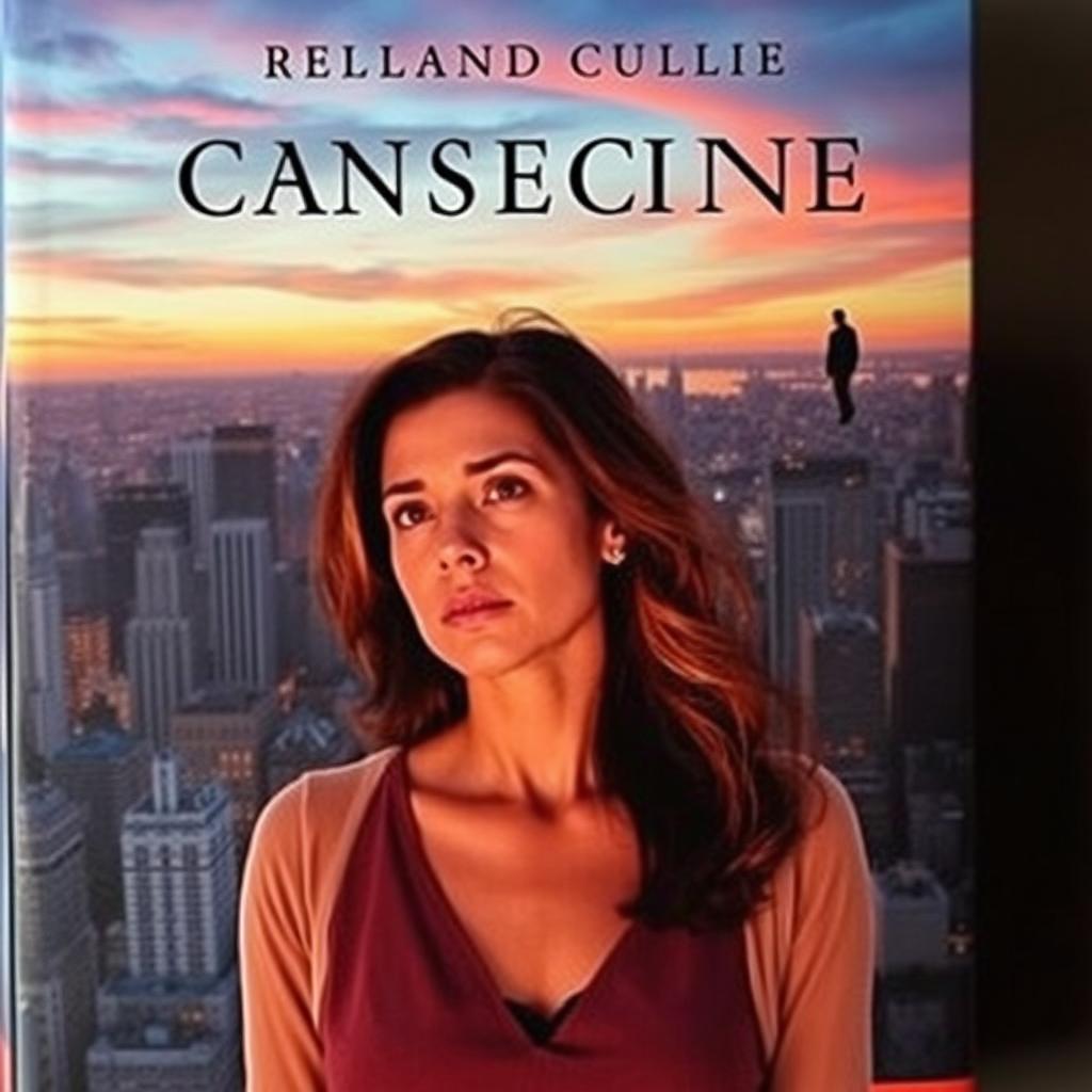 A dramatic book cover featuring a woman standing in front of a sprawling city skyline, gazing thoughtfully into the distance