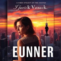 A dramatic book cover featuring a woman standing in front of a sprawling city skyline, gazing thoughtfully into the distance