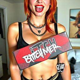 A close-up torso shot of a sexy female redhead wearing a tank top adorned with punk chains