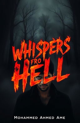 A dark and eerie book cover for the novel "Whispers from Hell" featuring a shadowy forest shrouded in mist in the background, enhancing the gloomy atmosphere of the story