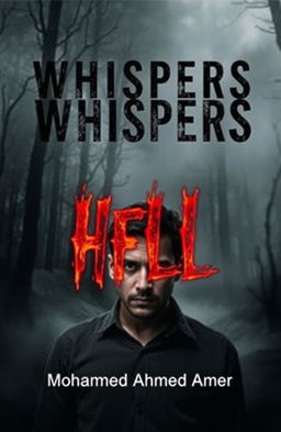 A dark and eerie book cover for the novel "Whispers from Hell" featuring a shadowy forest shrouded in mist in the background, enhancing the gloomy atmosphere of the story