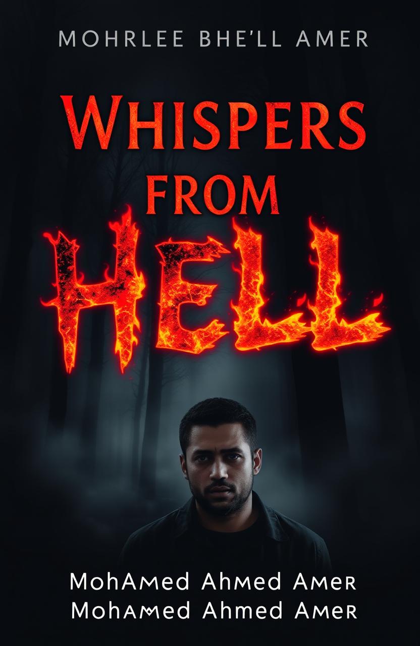 A dark and eerie book cover for the novel "Whispers from Hell" featuring a shadowy forest shrouded in mist in the background, enhancing the gloomy atmosphere of the story