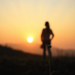 A subtle image of a person or silhouette looking towards the horizon, where the sun is rising, symbolizing new beginnings and transformation