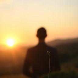 A subtle image of a person or silhouette looking towards the horizon, where the sun is rising, symbolizing new beginnings and transformation