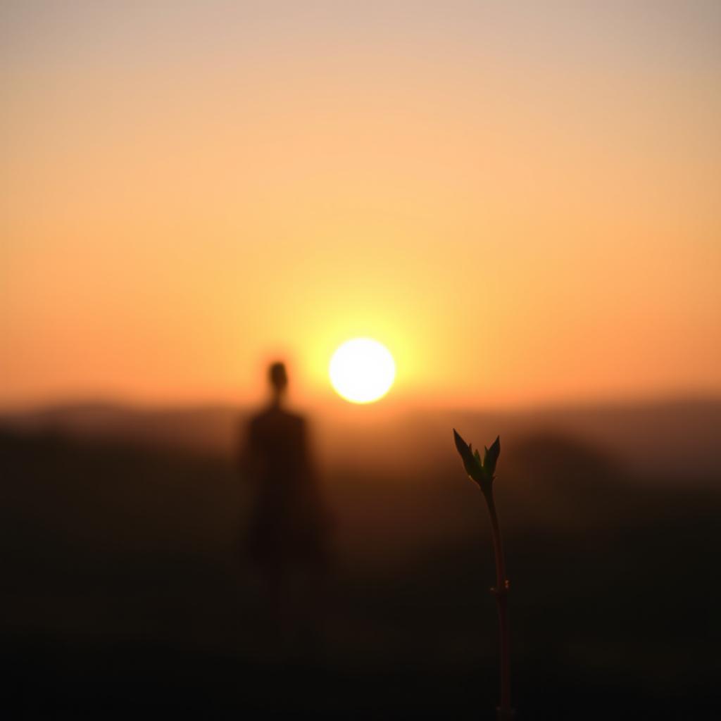 A subtle image of a person or silhouette looking towards the horizon, where the sun is rising, symbolizing new beginnings and transformation