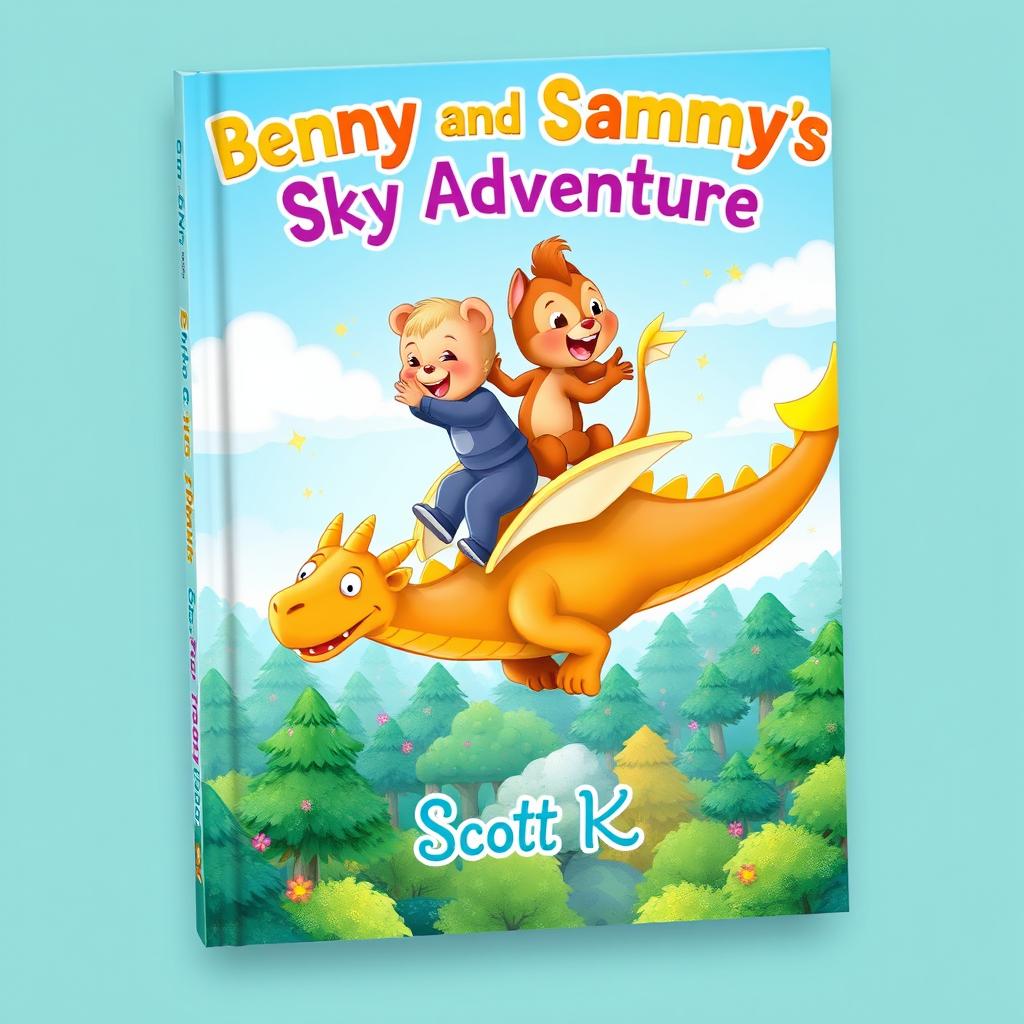 A delightful book cover design for a whimsical children's story titled 'Benny and Sammy's Sky Adventure'