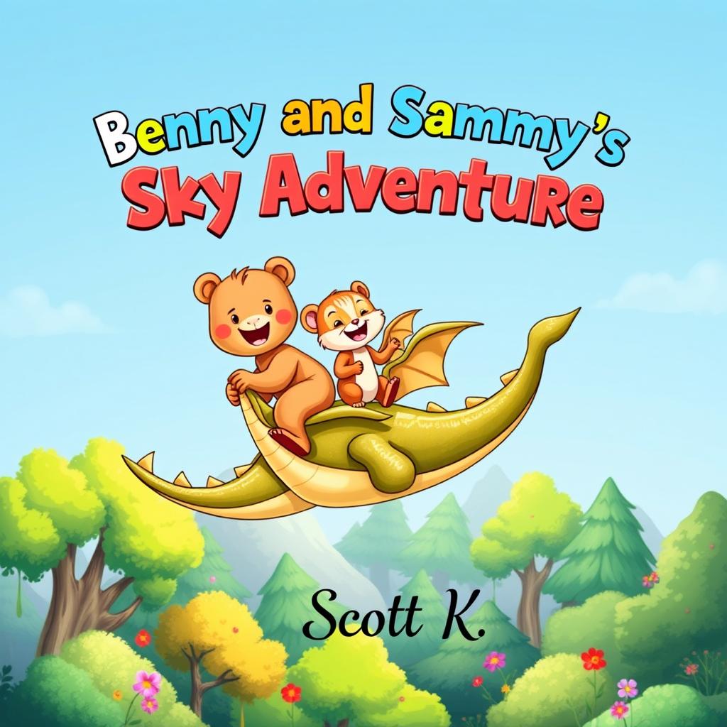 A delightful book cover design for a whimsical children's story titled 'Benny and Sammy's Sky Adventure'