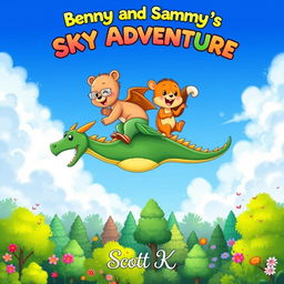 A delightful book cover design for a whimsical children's story titled 'Benny and Sammy's Sky Adventure'