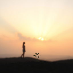 A subtle image of a person or silhouette standing on a horizon, gazing towards the sunrise, symbolizing new beginnings and personal transformation