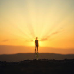 A subtle image of a person or silhouette standing on a horizon, gazing towards the sunrise, symbolizing new beginnings and personal transformation