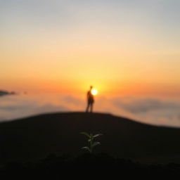 A subtle image of a person or silhouette standing on a horizon, gazing towards the sunrise, symbolizing new beginnings and personal transformation