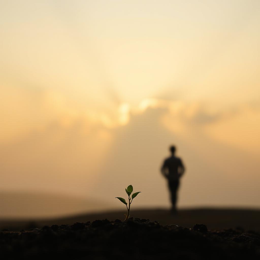 A subtle image of a person or silhouette standing on a horizon, gazing towards the sunrise, symbolizing new beginnings and personal transformation