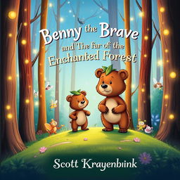 An imaginative book cover design for the children's story titled 'Benny the Brave and the Enchanted Forest'