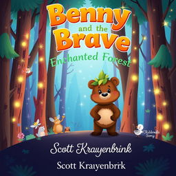 An imaginative book cover design for the children's story titled 'Benny the Brave and the Enchanted Forest'