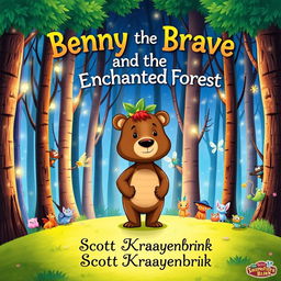 An imaginative book cover design for the children's story titled 'Benny the Brave and the Enchanted Forest'