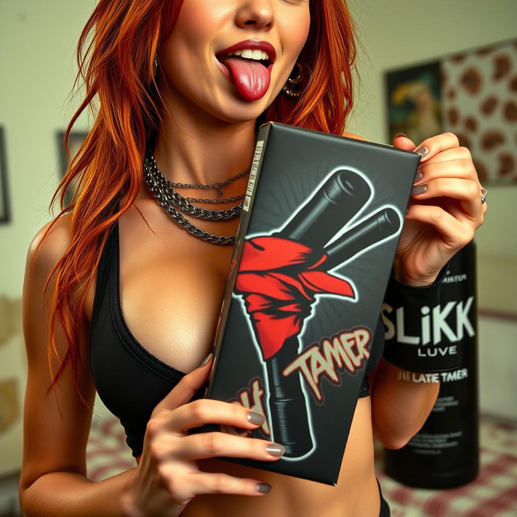 A close-up shot of a sexy redhead female with an alluring torso displayed, wearing a stylish tank top adorned with punk chains