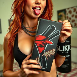 A close-up shot of a sexy redhead female with an alluring torso displayed, wearing a stylish tank top adorned with punk chains